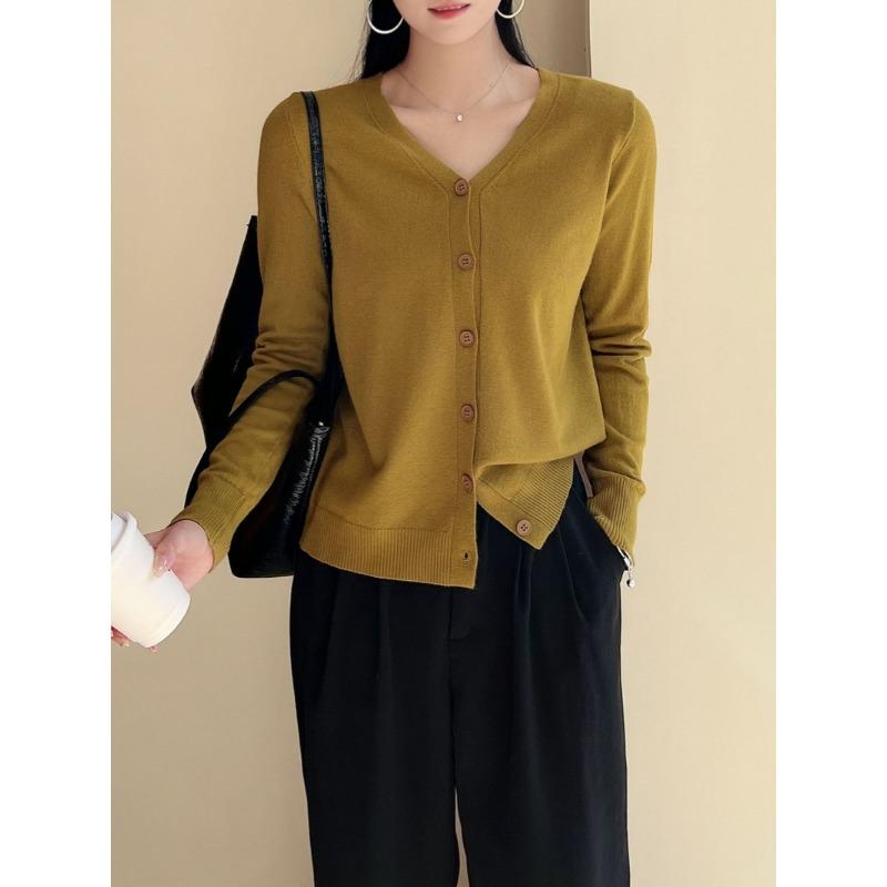 Женский вязаный кардиган с V-образным вырезом, мягкий допаминовый цвет, осенний свитер с длинными рукавами, куртка