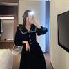 New Autumn Black Peter Pan Collar Dress Women's French High-end Elegant Long Dress Waist-cinching Slimming Audrey Hepburn Style Dress