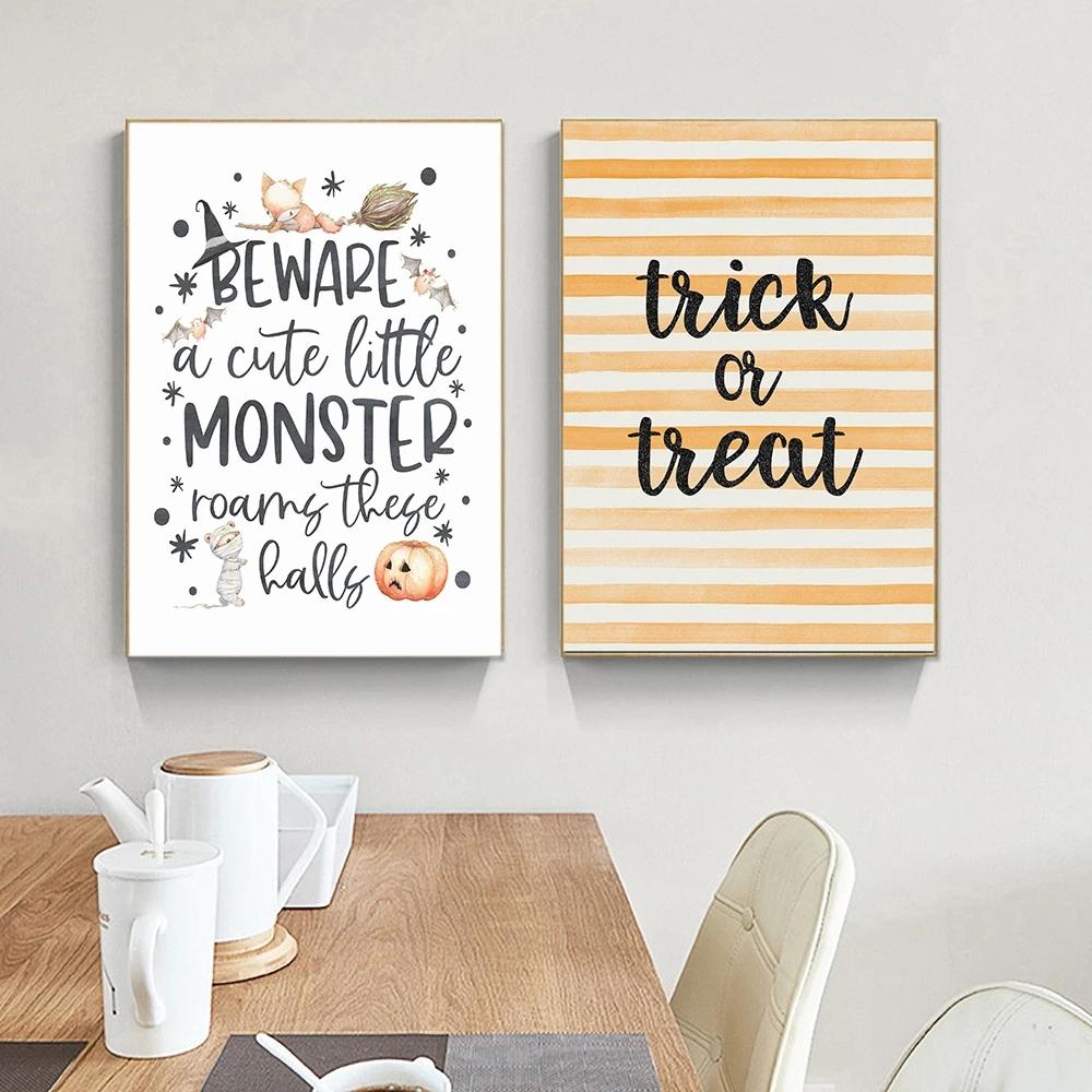 Halloween Wall Art Poster Print Pumpkin Cartoon Cute Skull Ghost Quote Canvas Painting Picture For Kids Living Room Home Decor