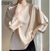 INDFS Women's Fashion Casual Summer Spring Solid Color Print Long Sleeve O-Neck Blouses & Shirts