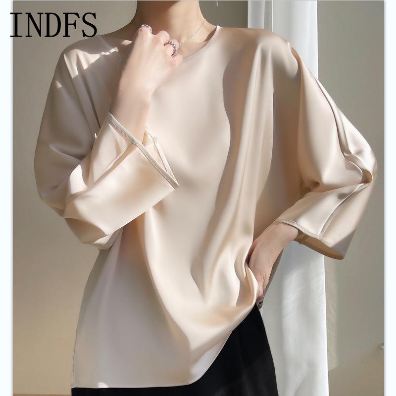 INDFS Women's Fashion Casual Summer Spring Solid Color Print Long Sleeve O-Neck Blouses & Shirts