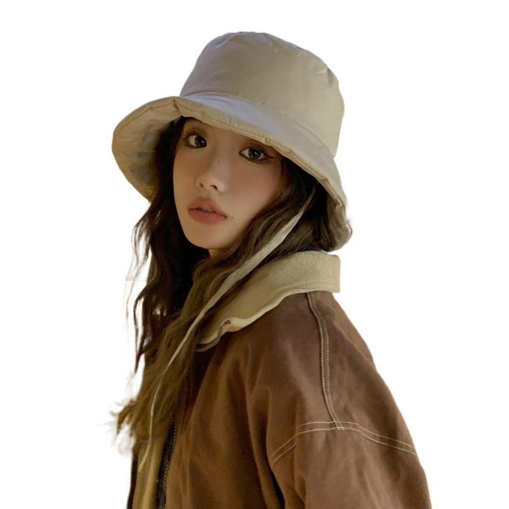 Portable Women Fisherman Hat Windproof Panama Caps Korean Down Cotton Bucket Hats  Autumn Winter