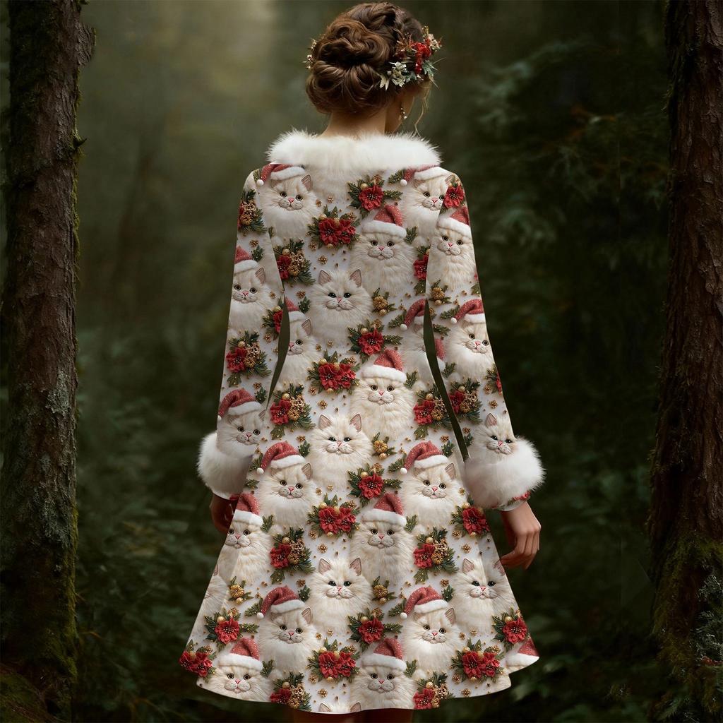 Женское повседневное платье с V-образным вырезом, рождественским принтом, плюшевыми длинными рукавами