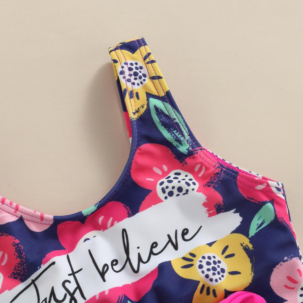 Girl 's Two Pieces Swimwear Suit, Letter Floral Print Front Twist Knot Vest Tops with Underpants