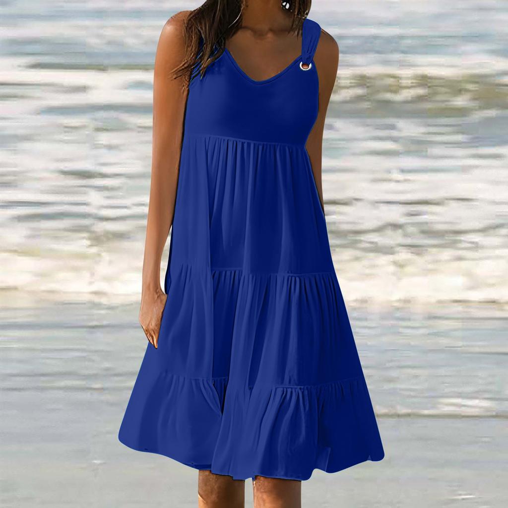 YYFS Women's Fashion Summer Spring Solid Color Print Sleeveless V-Neck Middle Waistline Casual Dresses