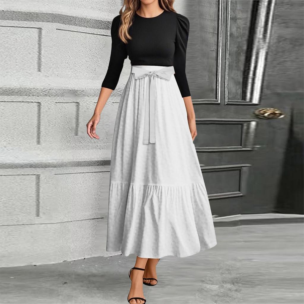Women's Fashion Casual Belt Round Neck Solid Color Splicing Elegant Temperament Three-quarter Sleeve Dress