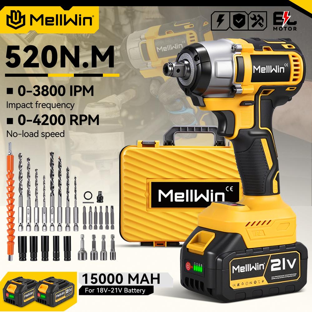 MELLWIN Бесщеточный электрический гайковерт 520 Н·м 3-в-1 Аккумуляторный ударный гайковерт Электрическая отвертка Дрель Для аккумулятора Makita 18 В Штифтовый