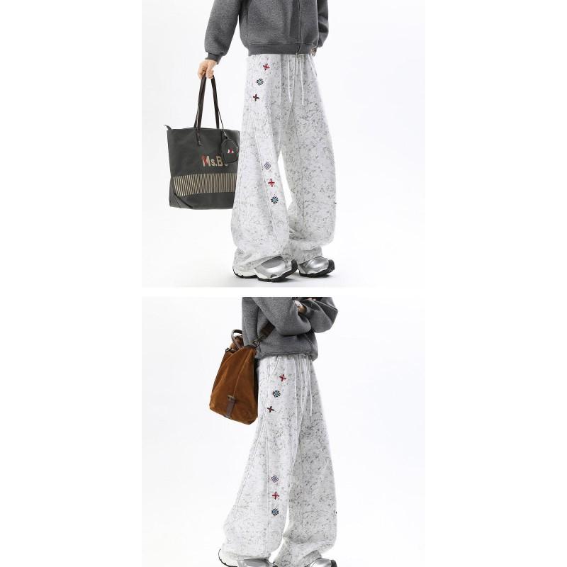 Warm Fleece-Lined Wide Leg Jogger Pants Men Women Winter Casual Loose Fit With Embroidery Tie-Dye Print