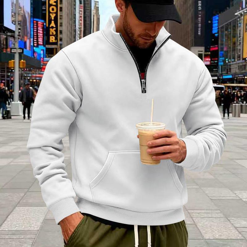 Men’s Autumn/Winter Retro Casual Loose-Fit Comfortable Half-Zip Fleece-Lined Plain Sweatshirt