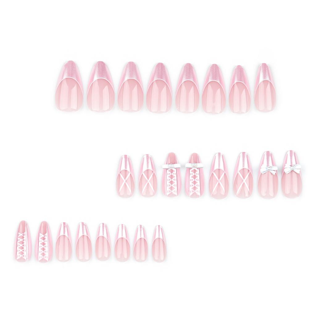 24 Pieces Wearable Nail Piece Sweet Girl French Pink Manicure Bow Pearl Staggered Almond Wearing Nail