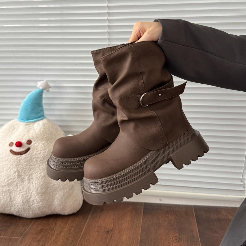 Зимние винтажные женские ботинки-рыцари на толстой подошве, обувь с пряжкой на ремне, увеличивающие рост, слипоны, длинные ботильоны