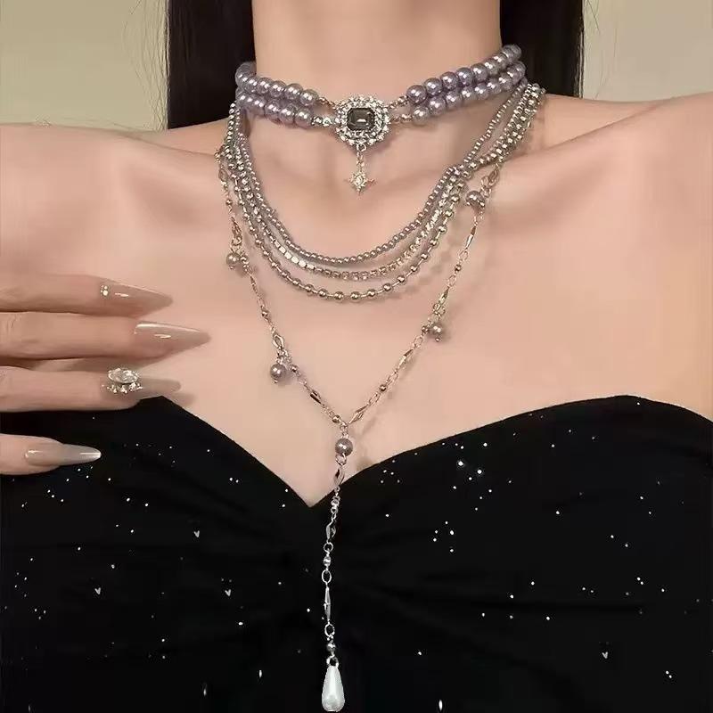 Creative Beaded Tassel Stacking Necklace, Heavy Craft High-end Metal Exquisite Personalized Women Collarbone Chain