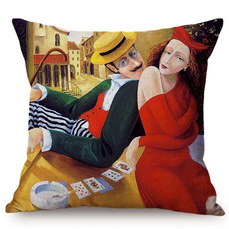 Nordic Vintage Beautiful Woman Oil Painting Art Sofa Decorative Cushion Cover Couple Happy Love Story Chair Throw Pillow Case