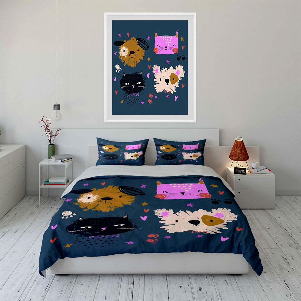 Cute Animal Faces Pattern Set Bedding Duvet Cover Set Duvet Cover Pillowcases (1*Duvet Cover 2*Pillowcases, without duvet insert)