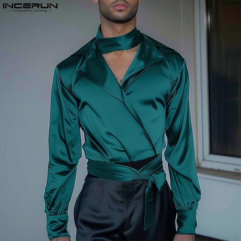 INCERUN Men V Neck Satin Shirts Solid Bandage Casual Party Tops