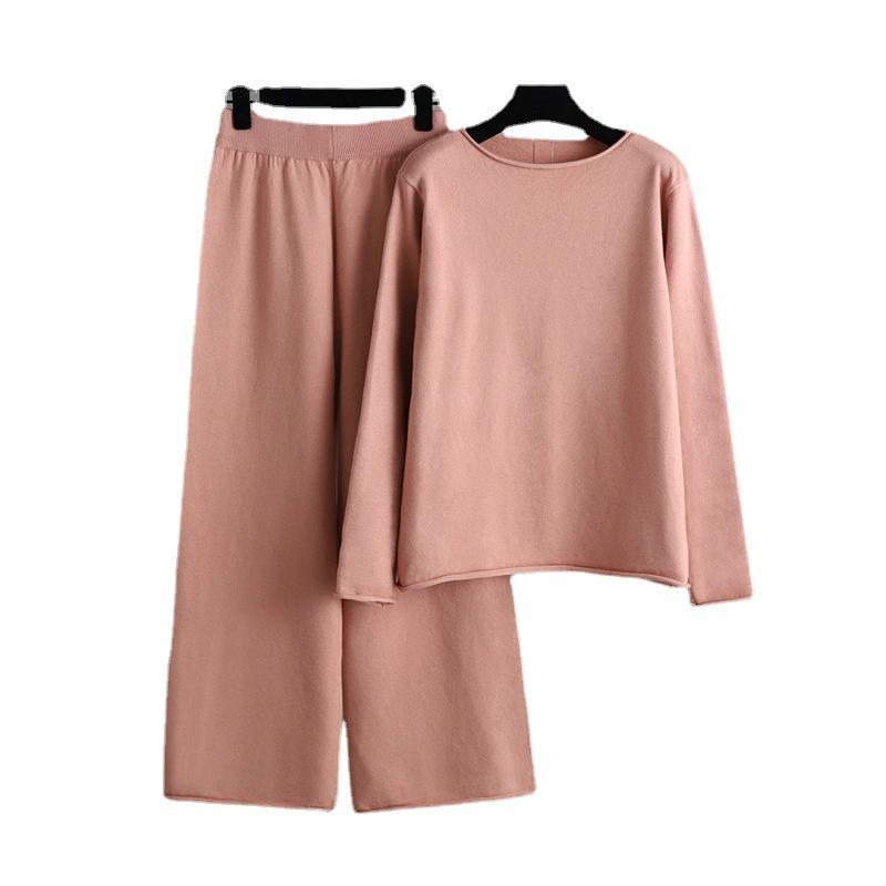 Осенне-зимний вязаный широкий брючный костюм женский однотонный комплект из двух предметов