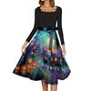 Women's Casual Vintage Halloween Print Square Neck Long Sleeve Dress with Waist Bow Tie Retro Style Flared Skirt