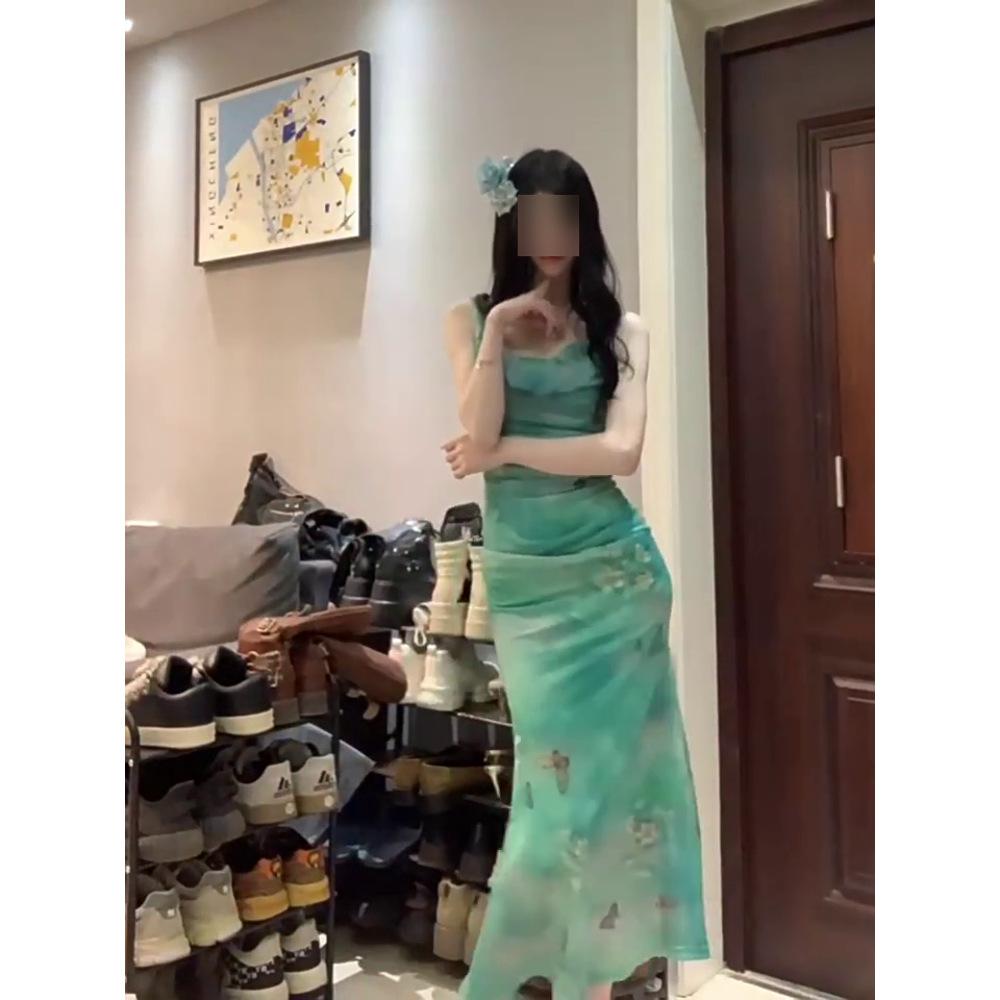 Чистое желание женский горячий летний темперамент отложной воротник талия приталенная без рукавов облегающая бедра длинная юбка принт бабочки сетчатое платье