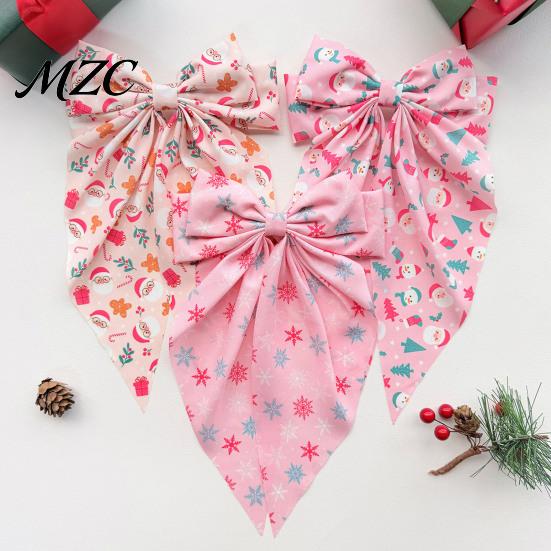 Festive Bow Barrettes for Girls Christmas Pink Hair Clip, Large Fabric Hairpin with Santa Clip Claus/Snowman/Snowflake Print Holiday Party and