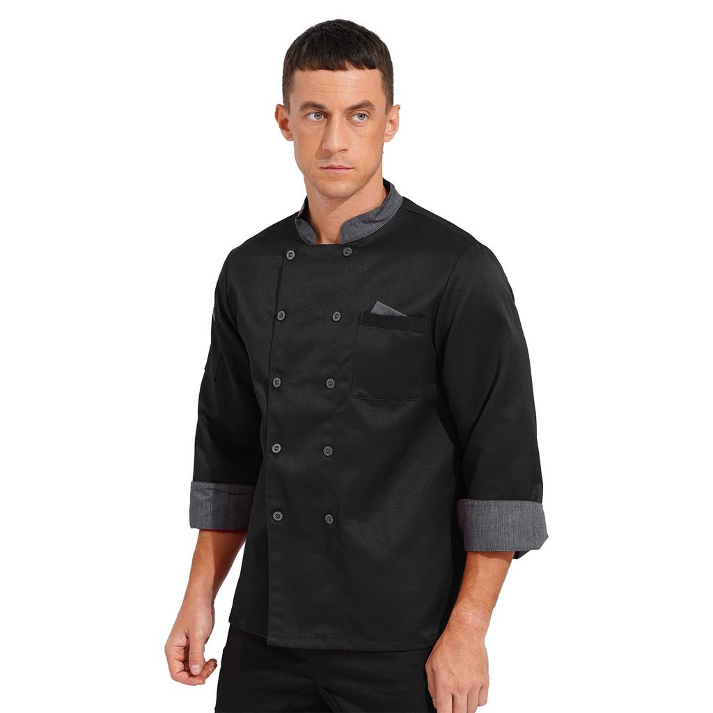Unisex Double Breasted Chef Coat Long Sleeve Stand Collar Contrast Trim Cook Jacket for Restaurant Hotel Kitchen Staff