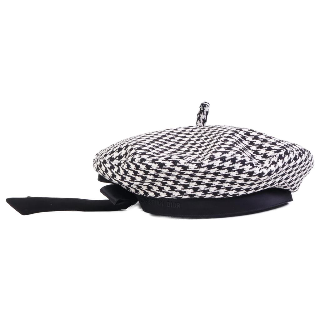 Dior [Excellent Condition/Domestically Authorized] 35DAP910I121 Wool Houndstooth Beret with Ribbon Design Hat 59 Black WhiteUsed
