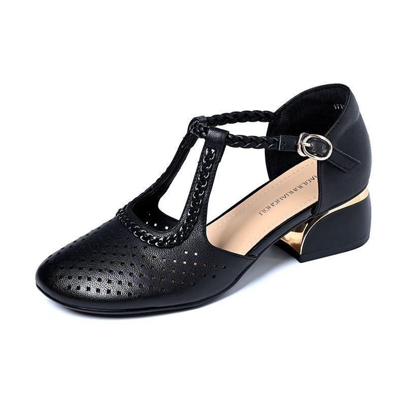 Баотоу сандалии женские на толстой подошве и толстом каблуке, из мягкой кожи, для улицы, с ремешком на щиколотке, летние новые дышащие туфли с перфорацией, сандалии женские