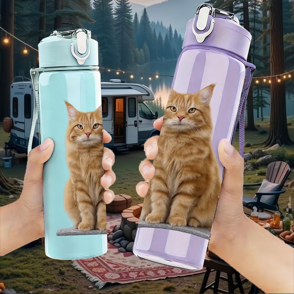 1PC Quiet Orange Tabby Cat 750ml Color Plastic Sports Water Bottle Leakproof Flip Straw Lid Suitable for Sports Office Home Use