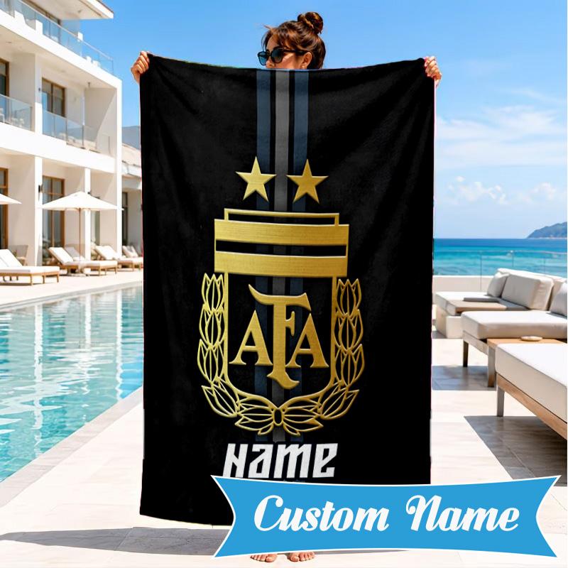 Custom Name Beach Towel Argen-tina Football Crest Microfiber Beach Towel, Lightweight for Summer Travel, Swimming Pool Fan Birthday Gift