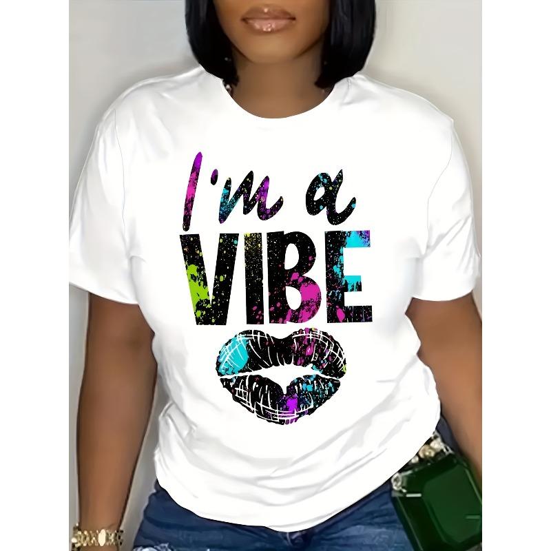 Женская футболка с принтом 'I'm A Vibe' и принтом губ, с круглым вырезом, коротким рукавом, модная, повседневная, осенний топ