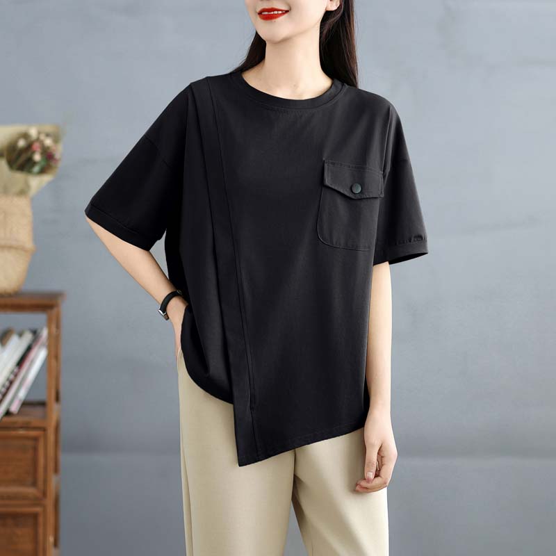 DIMANAF 2025 Новая Летняя Женская Футболка Большого Размера с Круглым Вырезом, Коротким Рукавом, Свободного Кроя, Базовые Повседневные Топы, Асимметричная Футболка
