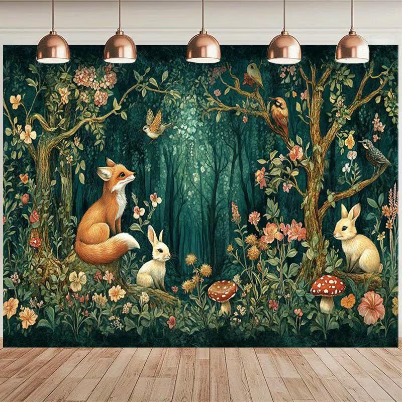 2D Woodland Party Backdrop, Whimsical Forest with Fox, Bunny & Mushrooms for Kids Event