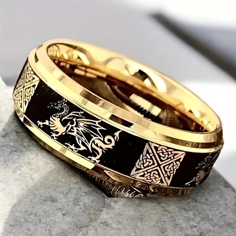 Men's Gold Celtic Dragon Stainless Steel Ring with Knot Design