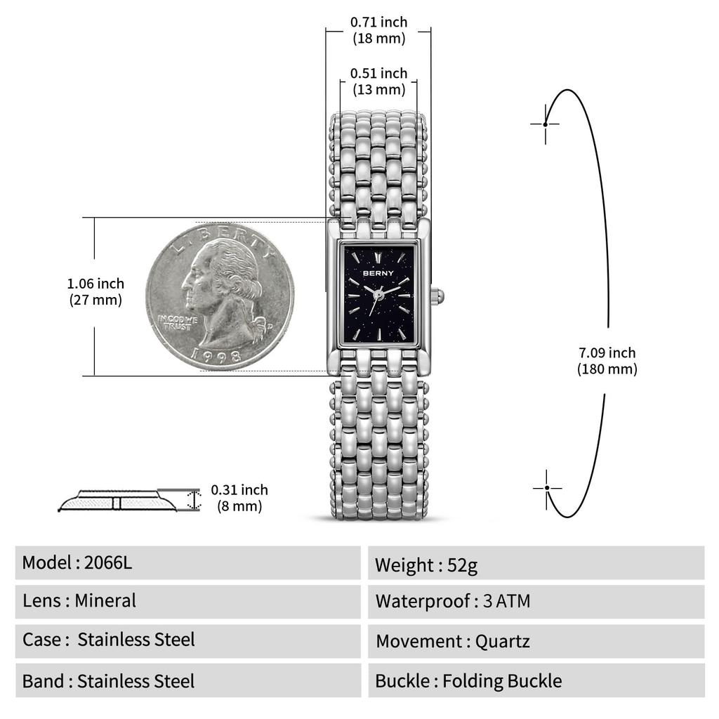 BERNY Silver Watch with Vintage Rectangular Case and 3ATM Water Resistance Women's