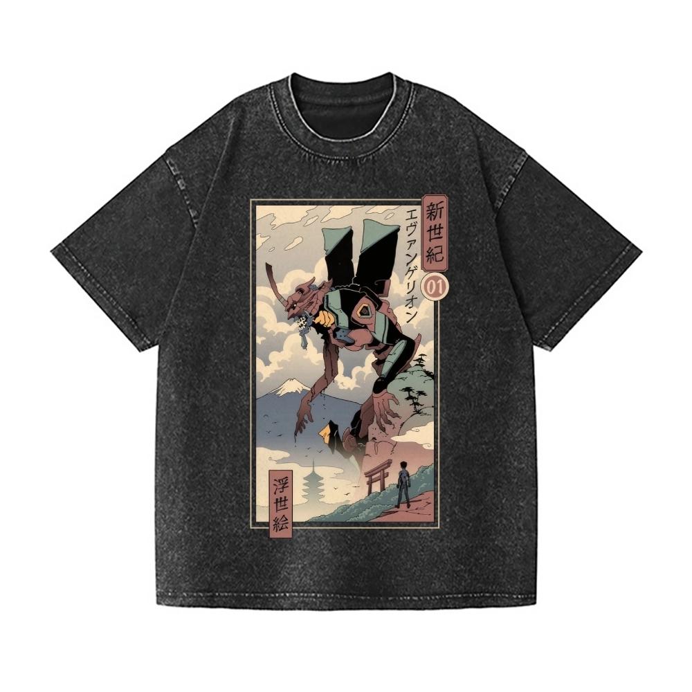 Футболка с принтом Neon Genesis Evangelion, винтажная стирка, японский дизайн, высококачественная уличная одежда, подходит как для мужчин