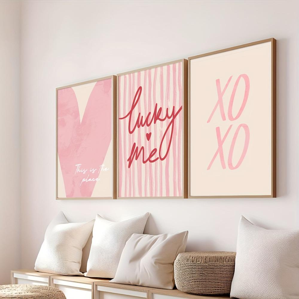 3pcs Frameless Pink Striped Heart Lucky Me Fashion Poster Y2k Preparatory Wall Canvas Printing Simple Girl Room Aesthetic Decor