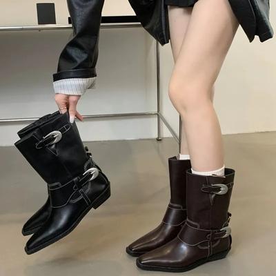 Модные женские ботильоны с круглым носком, пряжкой на ремне, на плоской подошве, на среднем каблуке, коричневые, черные, без застежек, зимние, короткие, размер 35-40, осень
