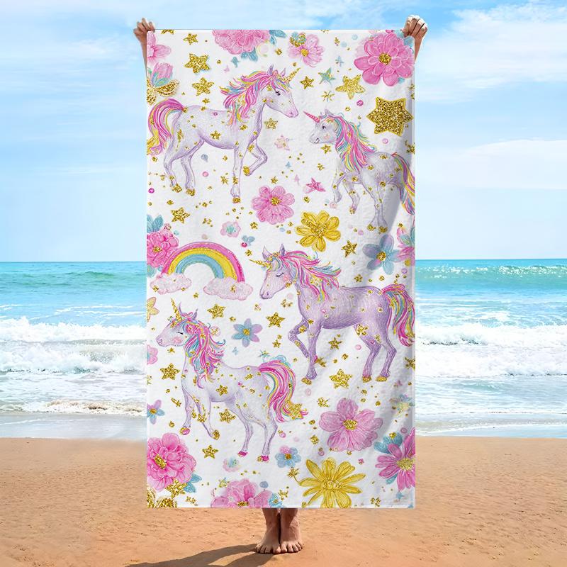 1pc Unicorn Beach Towel with Watercolor Unicorns Pink Flowers Golden Stars and Rainbow Bath Towels Soft Microfiber Fabric Unisex