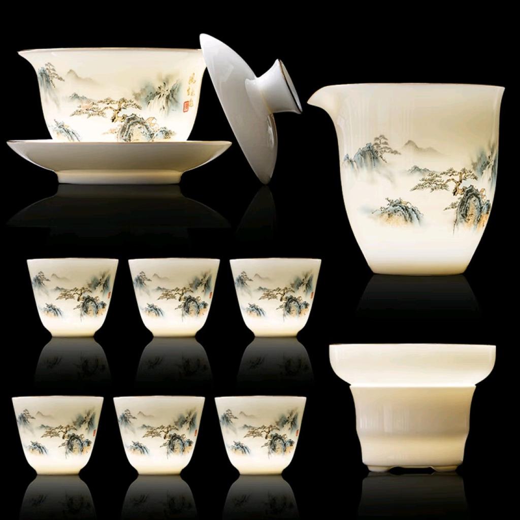 High-end mutton fat jade porcelain tea set for home use, gifts for people, clients, business, companies, banking, and events