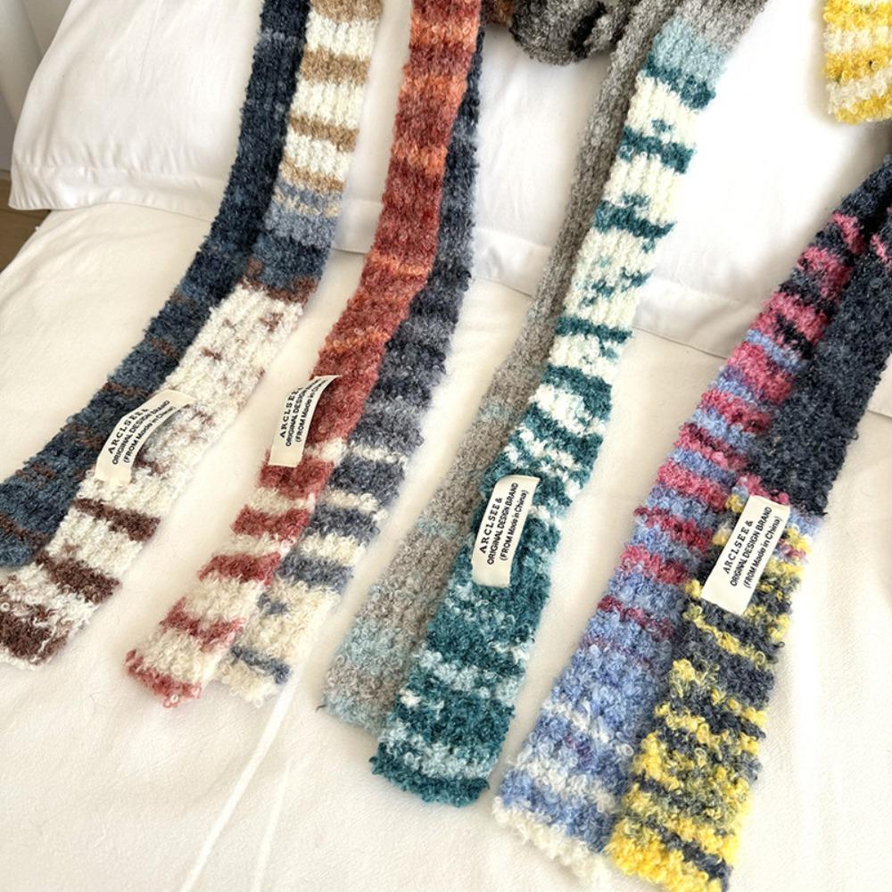 Multicolour Knitted Scarf Rainbow Stripe Thin Scarf Y2K Narrow Strip Scarf