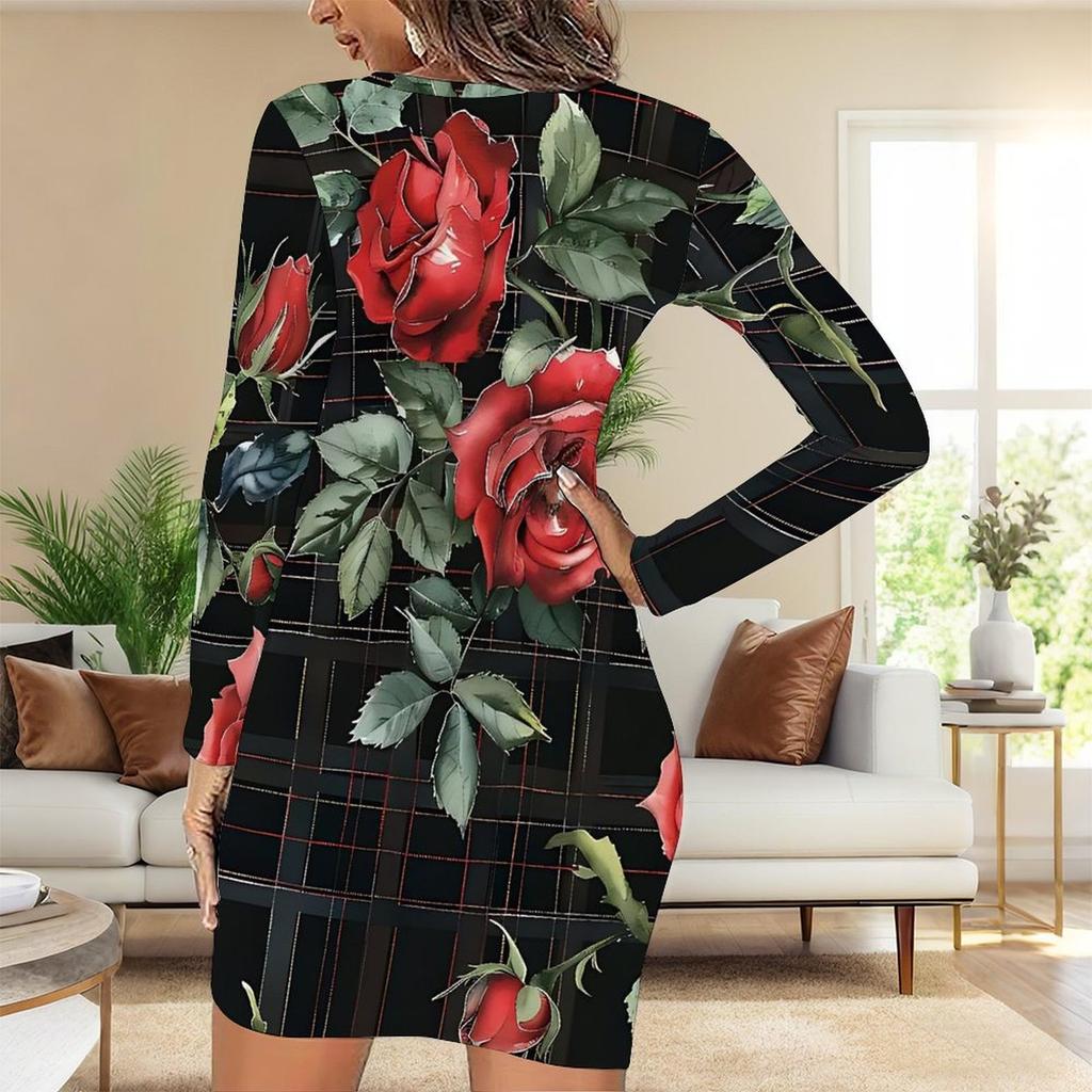 2025 Осень и Зима Новое Платье Женское Модное с 3D Цветочным Принтом и Окрашиванием, с Длинным Рукавом, Круглым Вырезом, Облегающее Бедра, Лимитированная Серия ко Дню Святого Валентина