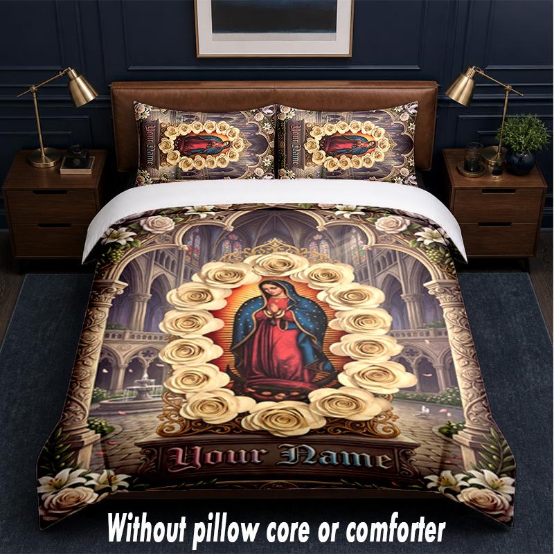 Virgin Mary Theme Custom Text Or Name 3Pcs Bedding Set,1 Flat Sheet & 2 Pillowcases Personalized Home Bedding