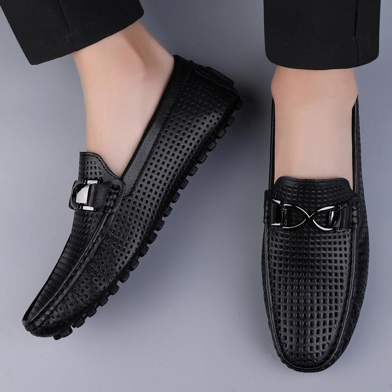 Fashion 2025 Spring Summer Men's Dress Shoes White Loafers Leather Casual Shoes Slip On Moccasin Shoes Fashion Hollow Out Design Shoes