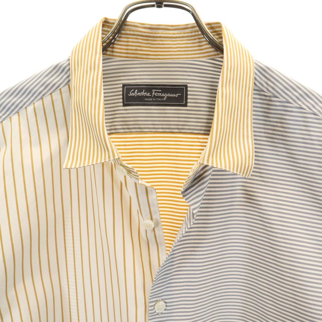 Salvatore Ferragamo Made In Italy Border Stripe Pattern Long Sleeve Shirt Men's Used
