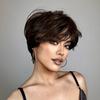 Dark Brown Mixed Copper Highlight Straight Wigs With Bangs Short Pixie Cut Synthetic Wigs for Women Daily Lolita Heat Resistant