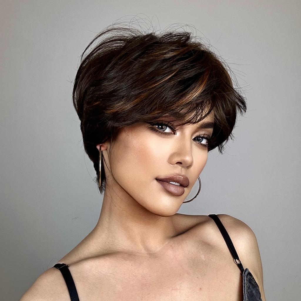 Dark Brown Mixed Copper Highlight Straight Wigs With Bangs Short Pixie Cut Synthetic Wigs for Women Daily Lolita Heat Resistant