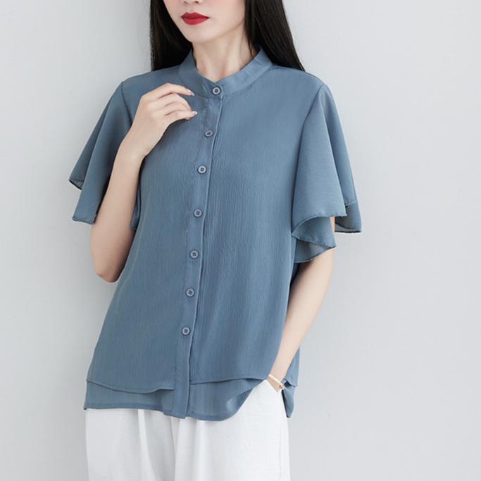 Literary Summer Loose Stand Collar Solid Color Short Sleeve Shirt Women's Fashion Flying Sleeve Blouse Top