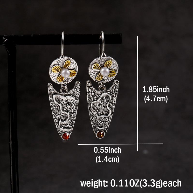 Silvery Flower Pattern Irregular Geometric Shape Dangle Earrings Bohemian Western Style Creative Female Gift