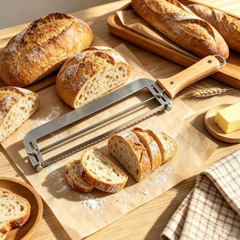 Stainless Steel Bread Slicer With Adjustable Serrated Blade And Wooden Handle For Home Baking Homemade Bread Cutting