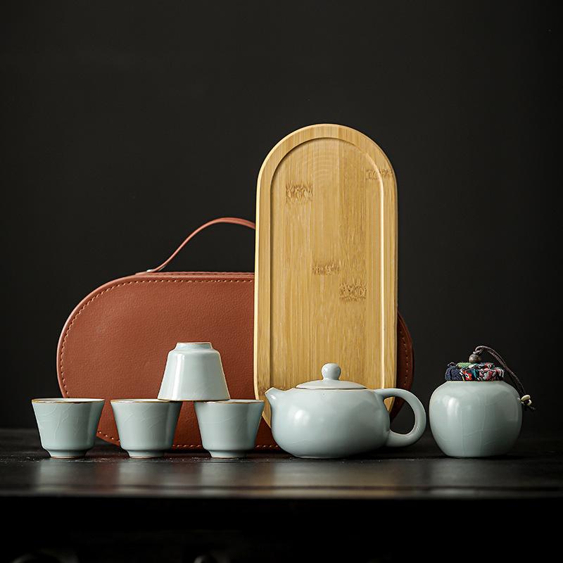 Ru Kiln Travel Tea Set Open Ceramic Kuaike One Pot Four Cups Portable Company Annual Meeting Business Gift Prints