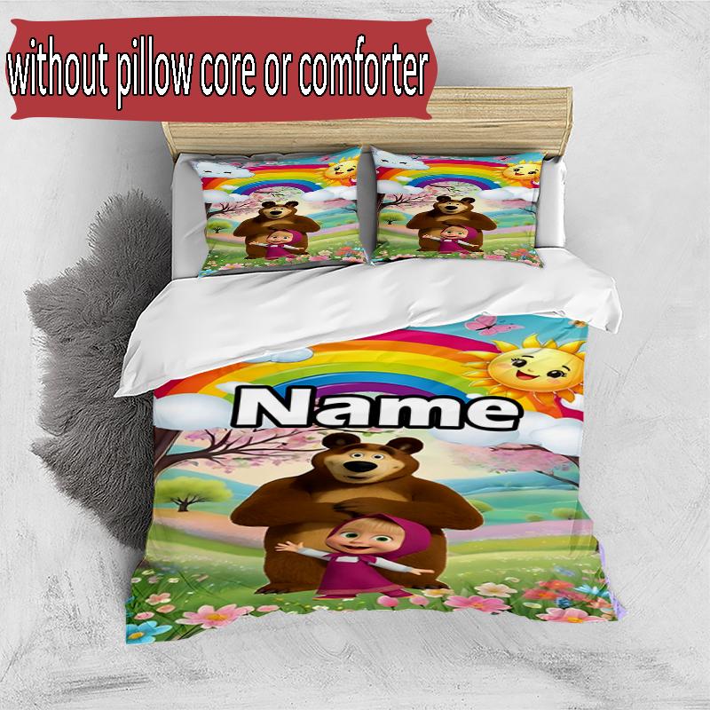 3pcs Duvet Cover Set (1*Duvet Cover + 2*Pillowcase, Without Core), Custom Name Masha and The Bear Pattern Bedding Set, Home Bedroom Decor Gift